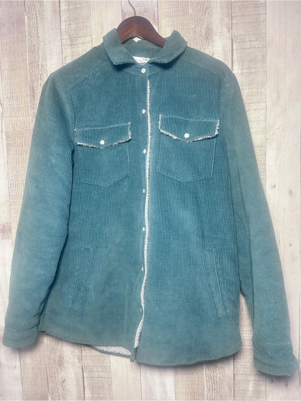 Bluivy Corduroy Sherpa Lined Green Shacket Western Pearl Snap Jacket S Cozy Soft